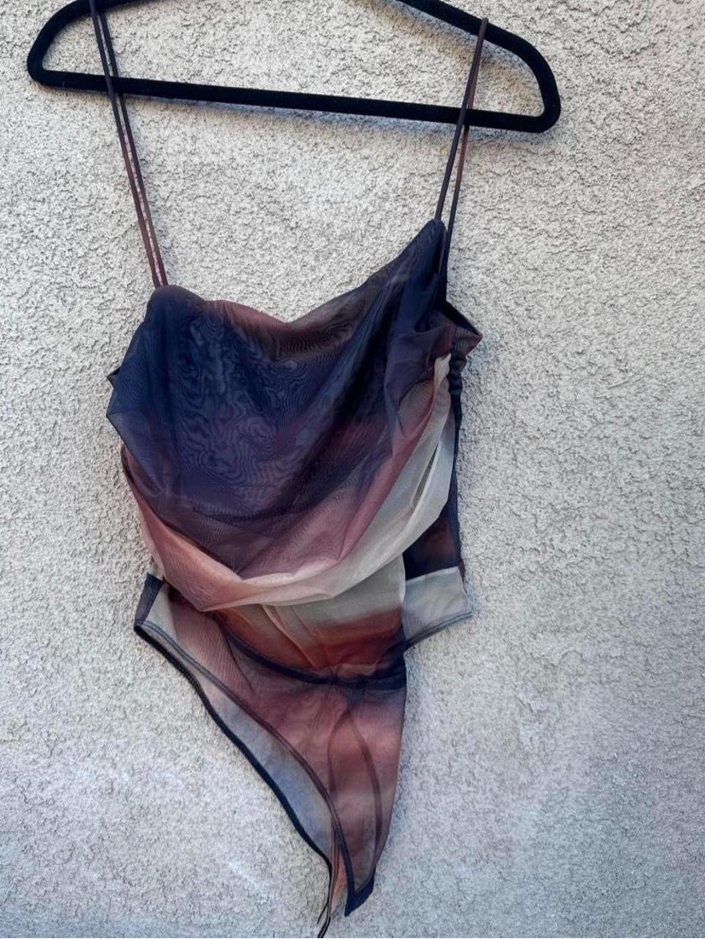 Fashion Nova Sheer Ombre Cowl Neck Handkerchief Bodysuit - Brown Black Cream